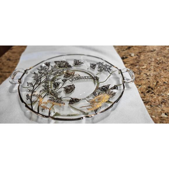 25th Anniversary Platter Handled Plate Silver Overlay Flowers Wedding - Picture 15 of 15